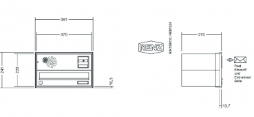 RENZ Briefkastenanlage Unterputz, Schattenfugenrahmen, Kastenformat 370x110x270mm, mit Klingel - & Lichttaster und Vorbereitung Gegensprechanlage, 1-teilig,